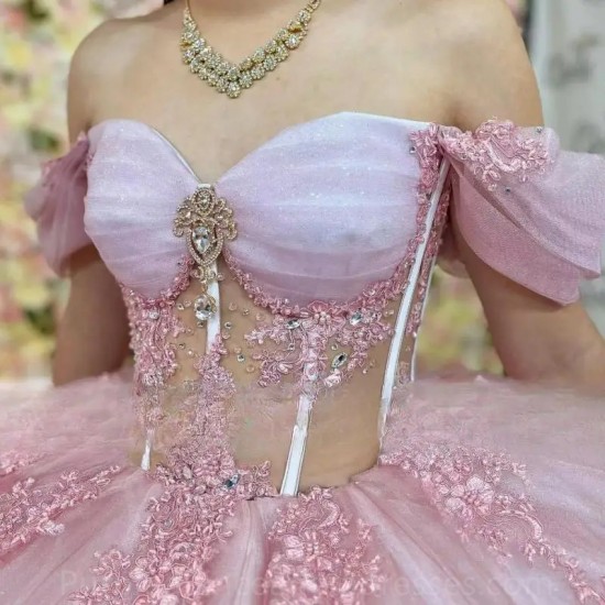 Off The Shoulder Pink Quinceanera Dresses Ball Gowns Appliques Ruched Vestidos De 15 Quinceañera Birthday Party Prom Dress