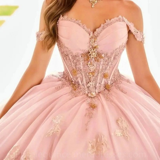 Pink Sweetheart Quinceanera Dress Gold Floral Flowers Bead Princess Ball Gown Sweet 15 Party Vestidos De XV Anos