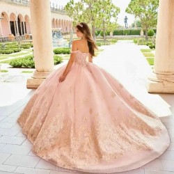 Pink Sweetheart Quinceanera Dress Gold Floral Flowers Bead Princess Ball Gown Sweet 15 Party Vestidos De XV Anos