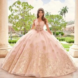 Pink Sweetheart Quinceanera Dress Gold Floral Flowers Bead Princess Ball Gown Sweet 15 Party Vestidos De XV Anos