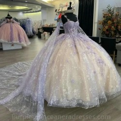 Princess Lilac Quinceanera Dress With Cape Applique Beading Corset Sweet 15 16 Dress Vestidos De XV Anos