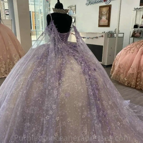 Princess Lilac Quinceanera Dress With Cape Applique Beading Corset Sweet 15 16 Dress Vestidos De XV Anos