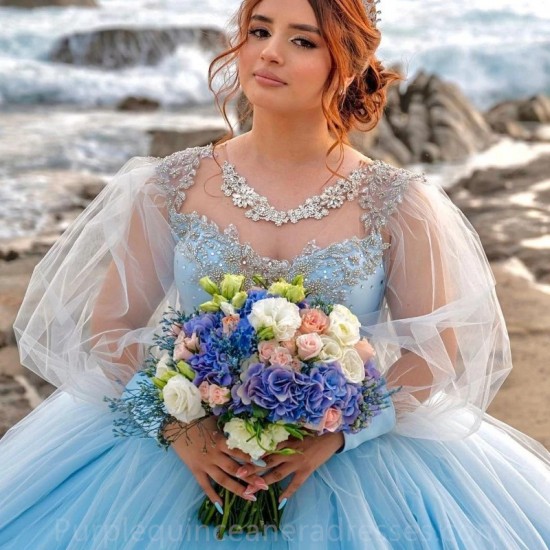 Puff Sleeve Sky Blue littering Quinceanera Dress Beading Applique Lace Vestidos De 15 Años Sweet Formal Birthday Party Ball Gown