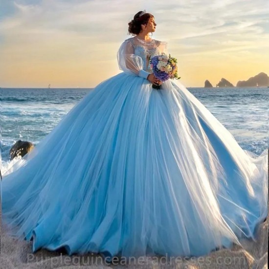 Puff Sleeve Sky Blue littering Quinceanera Dress Beading Applique Lace Vestidos De 15 Años Sweet Formal Birthday Party Ball Gown