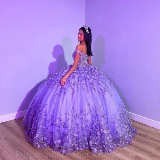 Puffy Princess Purple Quinceanera Dresses 2024 Off Shoulder Beads 3D Floral Gillter Sequins Lace up Corset Vestidos 15años