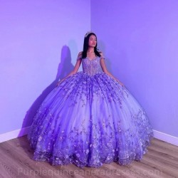 Puffy Princess Purple Quinceanera Dresses 2024 Off Shoulder Beads 3D Floral Gillter Sequins Lace up Corset Vestidos 15años