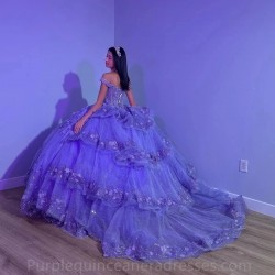 Puffy Princess Purple Quinceanera Dresses 2024 Off Shoulder Beads 3D Floral Gillter Sequins Lace up Corset Vestidos 15años