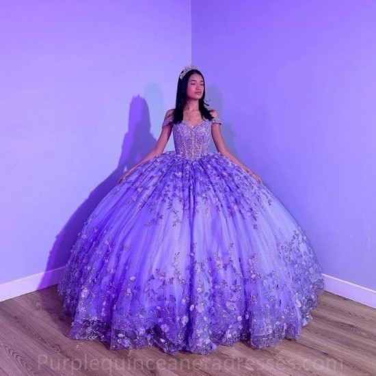 Puffy Princess Purple Quinceanera Dresses 2024 Off Shoulder Beads 3D Floral Gillter Sequins Lace up Corset Vestidos 15años