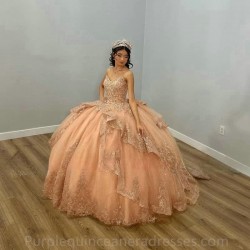 Puffy Skirt Champagne Gold Quinceanera Dress 2024 Princess Sweet 15 16 Years Old Birthday Party Gown Gift Long Formal Pageant