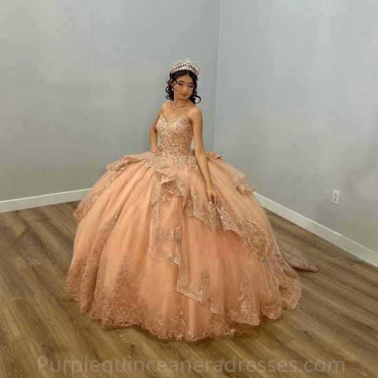 Puffy Skirt Champagne Gold Quinceanera Dress 2024 Princess Sweet 15 16 Years Old Birthday Party Gown Gift Long Formal Pageant