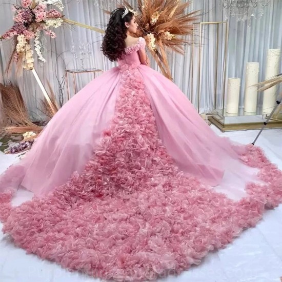 Quinceanera Dresses Ball Gown Flower Vestidos De 15 Años Pink Sweetheart pearls Evening Party Dress