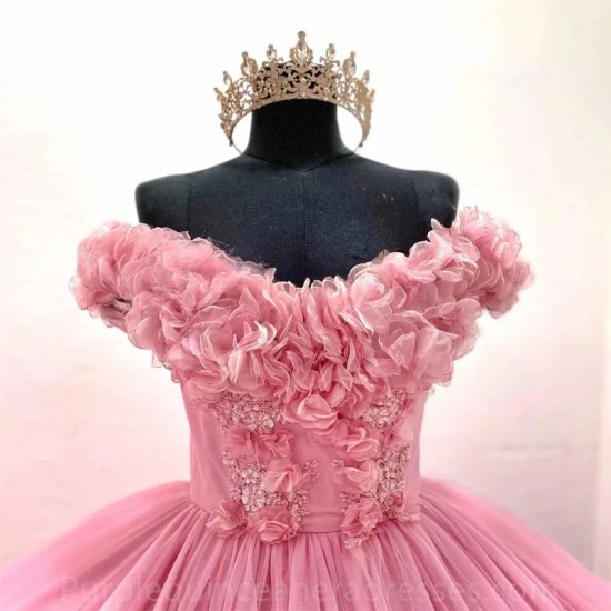 Quinceanera Dresses Ball Gown Flower Vestidos De 15 Años Pink Sweetheart pearls Evening Party Dress