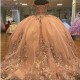 Off The Shoulder Rose Gold Quinceanera Dresses Ball Gown Sleeveless Floral Appliques Lace Handmade Flowers Sweet 15 Party Wear