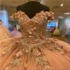 Off The Shoulder Rose Gold Quinceanera Dresses Ball Gown Sleeveless Floral Appliques Lace Handmade Flowers Sweet 15 Party Wear