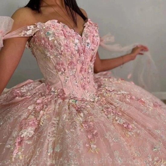 Sequined Pink Crystal Appliques Lace Ball Gown Quinceanera Dresses Off The Shoulder Bow Ribbons Corset Vestidos De 15 Años