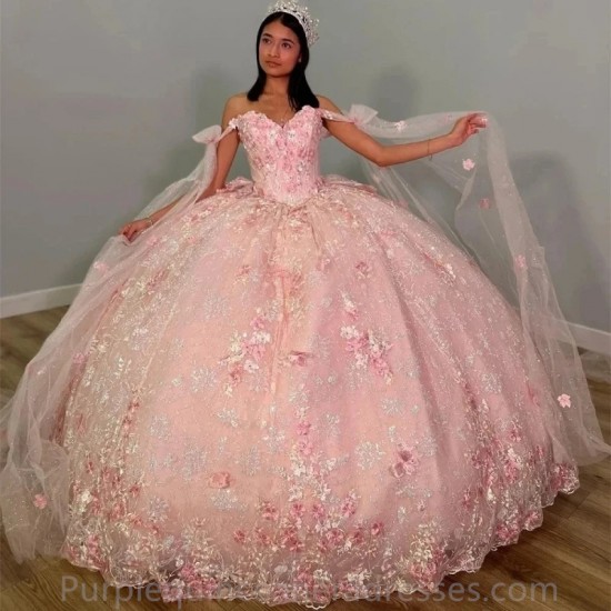 Sequined Pink Crystal Appliques Lace Ball Gown Quinceanera Dresses Off The Shoulder Bow Ribbons Corset Vestidos De 15 Años