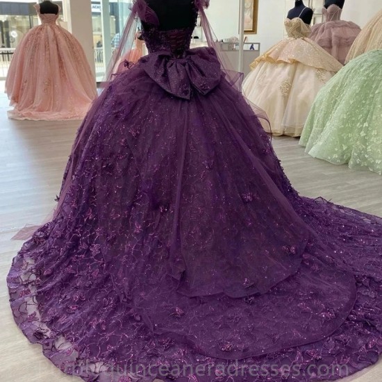 Sequined Purple Lace Ribbons Ball Gown Quinceanera Dresses Off The Shoulder 3D Butterfly Bow Corset Vestidos De 15 Años