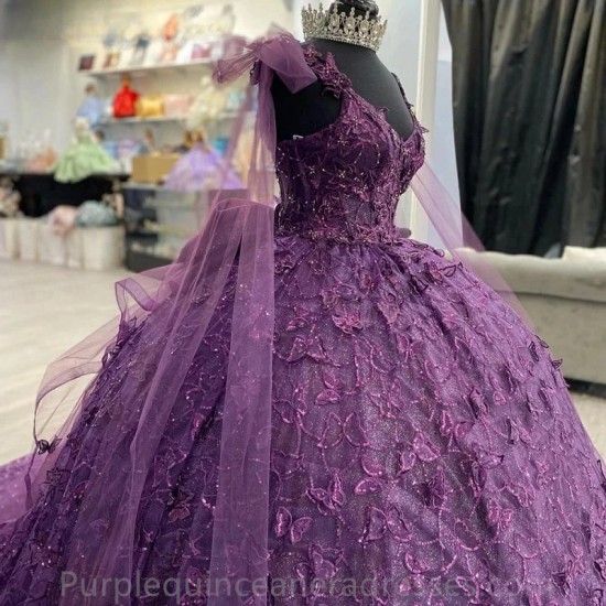 Sequined Purple Lace Ribbons Ball Gown Quinceanera Dresses Off The Shoulder 3D Butterfly Bow Corset Vestidos De 15 Años