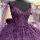 Sequined Purple Lace Ribbons Ball Gown Quinceanera Dresses Off The Shoulder 3D Butterfly Bow Corset Vestidos De 15 Años