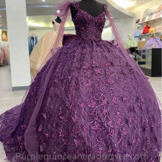 Sequined Purple Lace Ribbons Ball Gown Quinceanera Dresses Off The Shoulder 3D Butterfly Bow Corset Vestidos De 15 Años