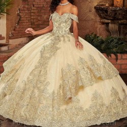 Sequined Women’s Champagne Quinceanera Dresses Lace Appliqued Off Shoulder Ball Gown Tulle Vestidos De 15 Años Sweet 16