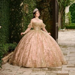 Sequins Rose Gold Ball Gown Quinceanera Dress Tulle Gold Appliques Flowers Bow Off Shoulder Sweet 15 16 Birthday Party Formal