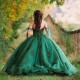 Sleeveless Green Bling Quinceanera Dress Off The Shoulder For 15 Girls Ball Gown Appliques Beads Formal Prom Vestido