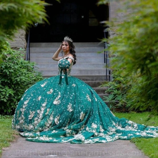 Sleeveless Green Quinceanera Dresses Sequined Ball Gown Off The Shoulder Gold Applique Lace Corset Vestidos Para XV 15 Anos