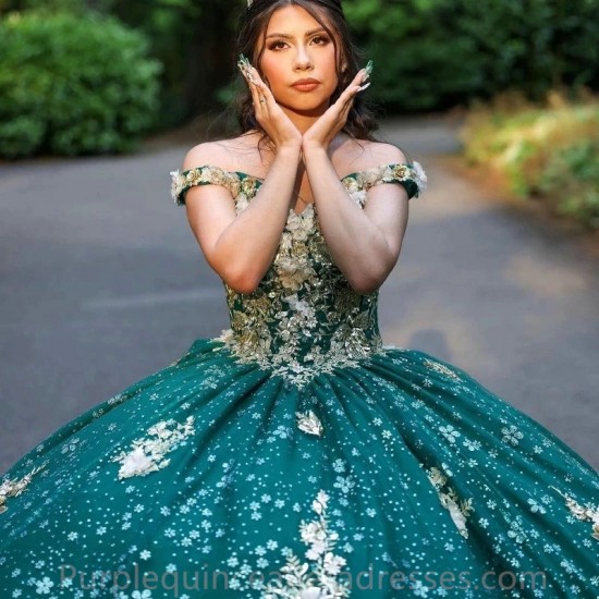 Sleeveless Green Quinceanera Dresses Sequined Ball Gown Off The Shoulder Gold Applique Lace Corset Vestidos Para XV 15 Anos