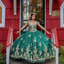 Sleeveless Green Quinceanera Dresses Sequined Ball Gown Off The Shoulder Gold Applique Lace Corset Vestidos Para XV 15 Anos