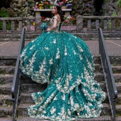 Sleeveless Green Quinceanera Dresses Sequined Ball Gown Off The Shoulder Gold Applique Lace Corset Vestidos Para XV 15 Anos