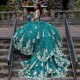 Sleeveless Green Quinceanera Dresses Sequined Ball Gown Off The Shoulder Gold Applique Lace Corset Vestidos Para XV 15 Anos