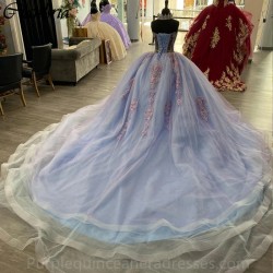 Sleeveless Light Blue Crystal Beading Quinceanera Dresses Ball Gown Illusion Pink Appliques Lace Corset Vestidos De 15 Años