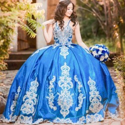 Spaghetti Strap Royal Blue Satin Quinceanera Dresses Ball Gown Applique Lace Birthday Party Dress Lace-up Vestidos De 15 Años