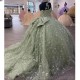 Spaghetti Strap Sage Green 3D Butterfly Bow Quinceanera Dresses Ball Gown Beading Crystal Corset Vestidos De 15 Años