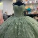 Spaghetti Strap Sage Green 3D Butterfly Bow Quinceanera Dresses Ball Gown Beading Crystal Corset Vestidos De 15 Años