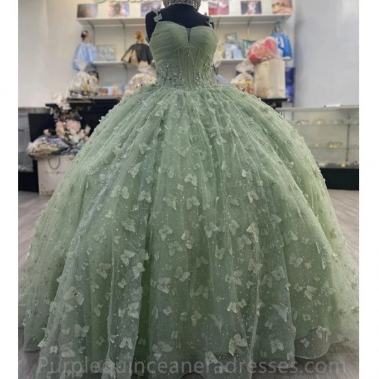 Spaghetti Strap Sage Green 3D Butterfly Bow Quinceanera Dresses Ball Gown Beading Crystal Corset Vestidos De 15 Años