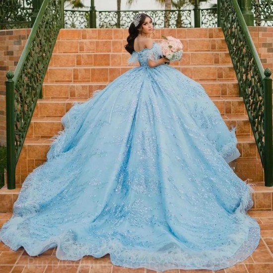 Sparkling Sky Blue Ball Gown Quinceanera Dress 2024 Vestido De 15 Anos Beaded Sequin Crystals Princess Sweet 16 Birthday Party