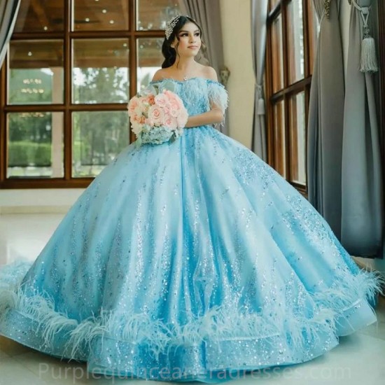 Sparkling Sky Blue Ball Gown Quinceanera Dress 2024 Vestido De 15 Anos Beaded Sequin Crystals Princess Sweet 16 Birthday Party