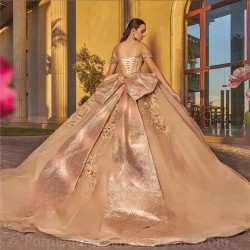 Sparkly Ball Gown Quinceanera Dresses With Bow Glitter Pearls Beads Crystals Off Shoulder Sweet 16 Dress Vestido De 15 Anos