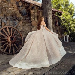 Sparkly Champagne Flowers Princess Ball Gown Quinceanera Dress Off The Shoulder Lace Sweet 16 Dress Vestidos De Quinceañera