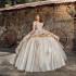 Sparkly Champagne Flowers Princess Ball Gown Quinceanera Dress Off The Shoulder Lace Sweet 16 Dress Vestidos De Quinceañera