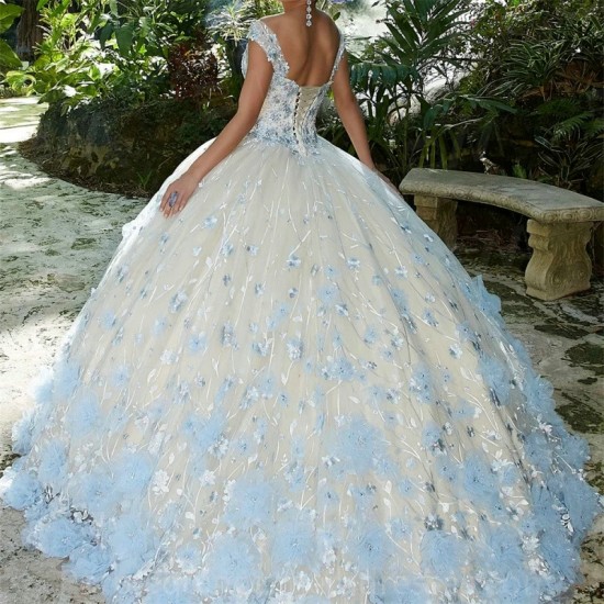 Strapless Ornate Floral Appliqued Quinceanera Dress 3D Tulle Flower Appliqued Ball Gown Cocktail Dresses Vestidos De Baile