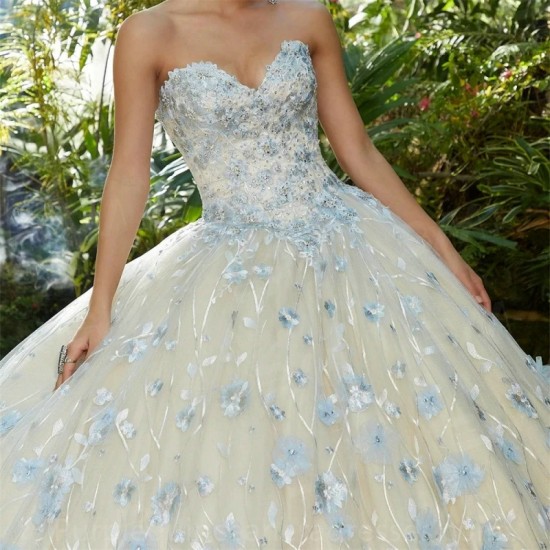 Strapless Ornate Floral Appliqued Quinceanera Dress 3D Tulle Flower Appliqued Ball Gown Cocktail Dresses Vestidos De Baile