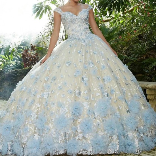 Strapless Ornate Floral Appliqued Quinceanera Dress 3D Tulle Flower Appliqued Ball Gown Cocktail Dresses Vestidos De Baile