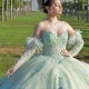 Strapless Sweetheart Flowers Appliques Bow Green Quinceanera Dress 2024 Ball Gown Floor Length Feather Sleeves Evening Dress