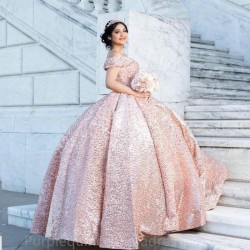 Stunning Quinceanera Dresses 2024 V Neck Off Shoulder Golden Sequin Sweet 15 16 Birthday Party Gown Lace Up Backless Gala Gift