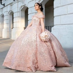 Stunning Quinceanera Dresses 2024 V Neck Off Shoulder Golden Sequin Sweet 15 16 Birthday Party Gown Lace Up Backless Gala Gift