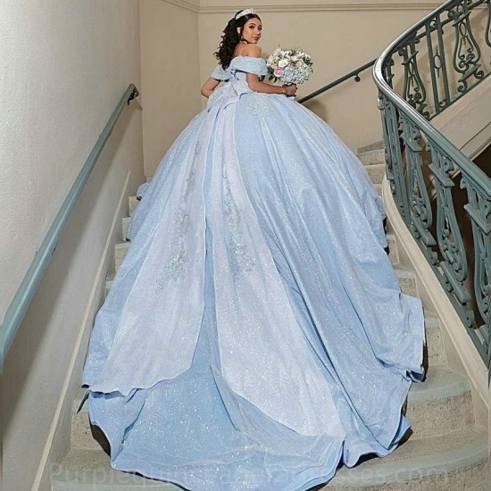 Sweetheart Blue Quinceanera Dresses Glitter Sequin Applique Ball Gown Sweet 16 Dress Sparkle 15 Birthday Party Prom Gown