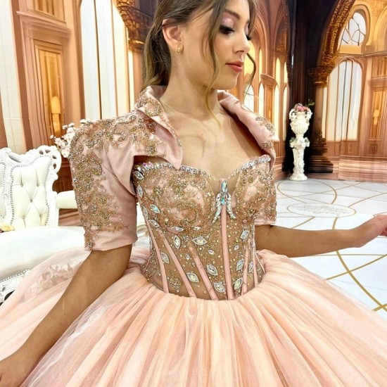 Sweetheart Champagne Quinceanera Dresses Birthday 15 Party Applique Lace Crystal Formal Sweet 16 Princess Gowns